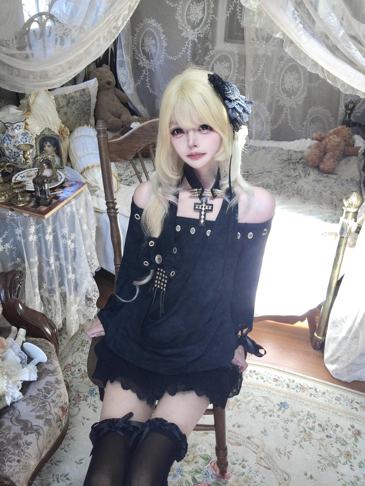 Sub Era Dark Gothic Halter Off Shoulder Studded Slim Fit Women's Polyester Long Sleeve T-shirts