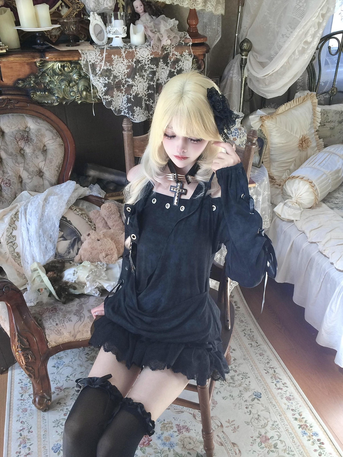 Sub Era Dark Gothic Halter Off Shoulder Studded Slim Fit Women's Polyester Long Sleeve T-shirts