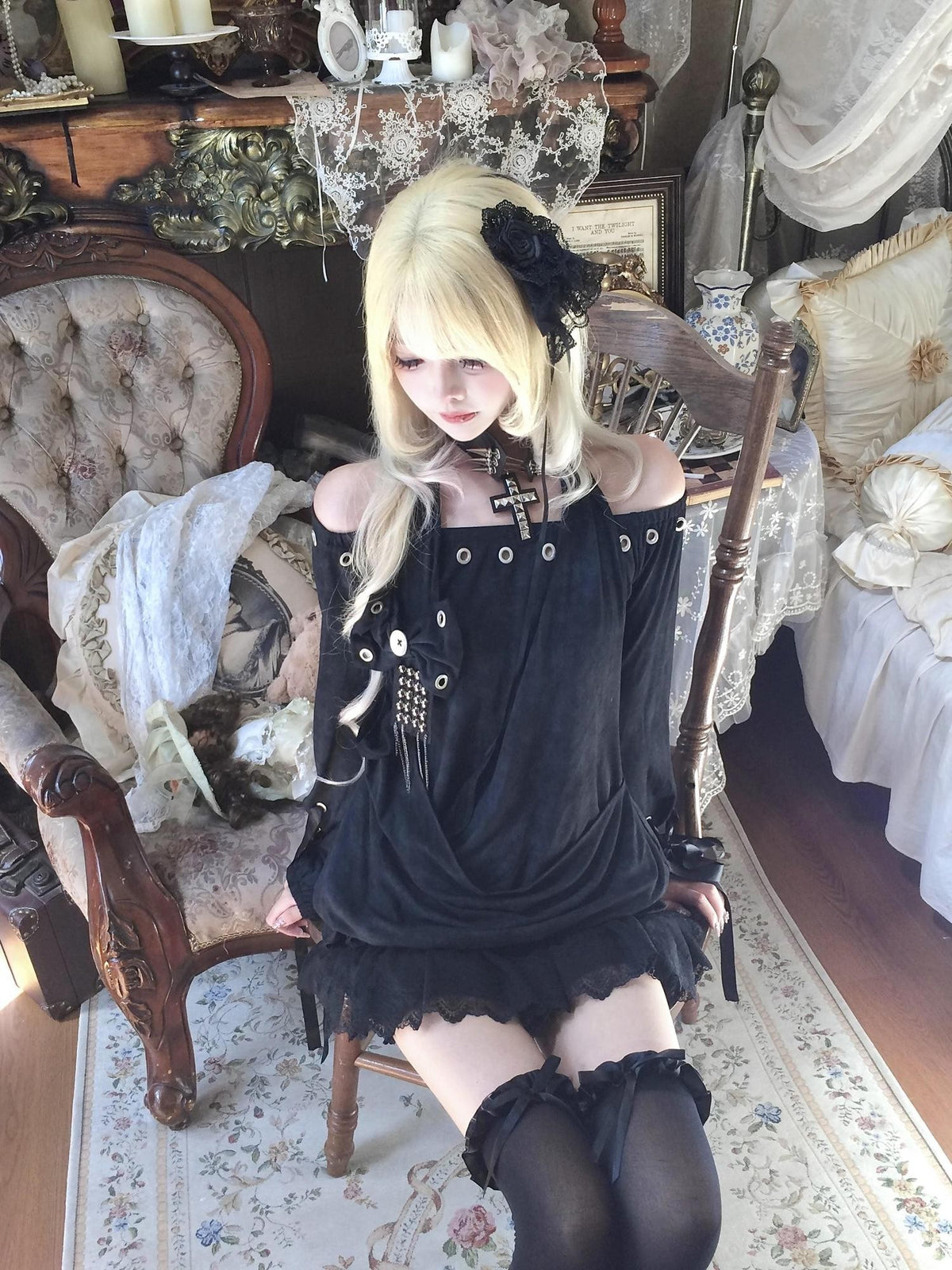 Sub Era Dark Gothic Halter Off Shoulder Studded Slim Fit Women's Polyester Long Sleeve T-shirts