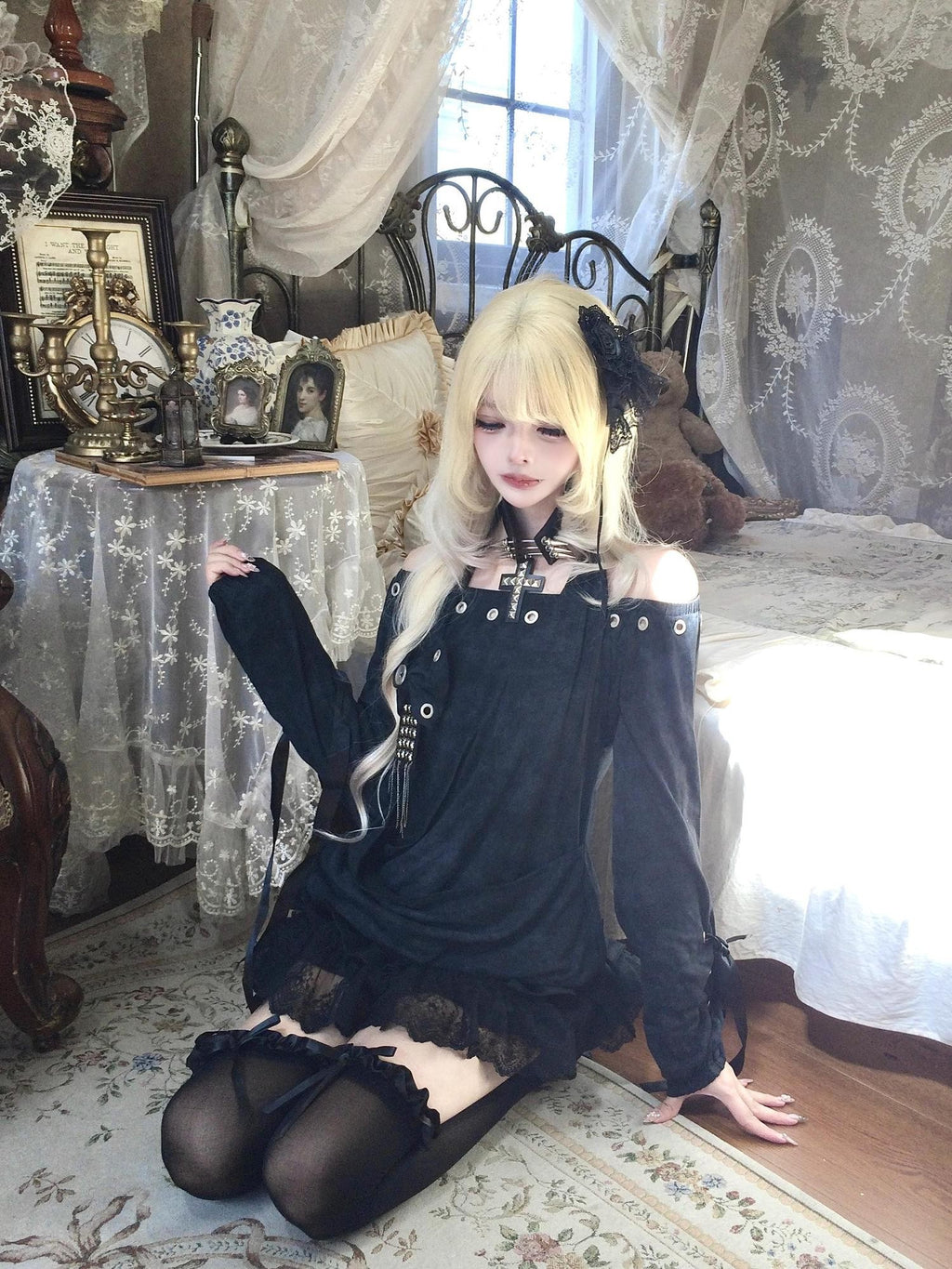 Sub Era Dark Gothic Halter Off Shoulder Studded Slim Fit Women's Polyester Long Sleeve T-shirts