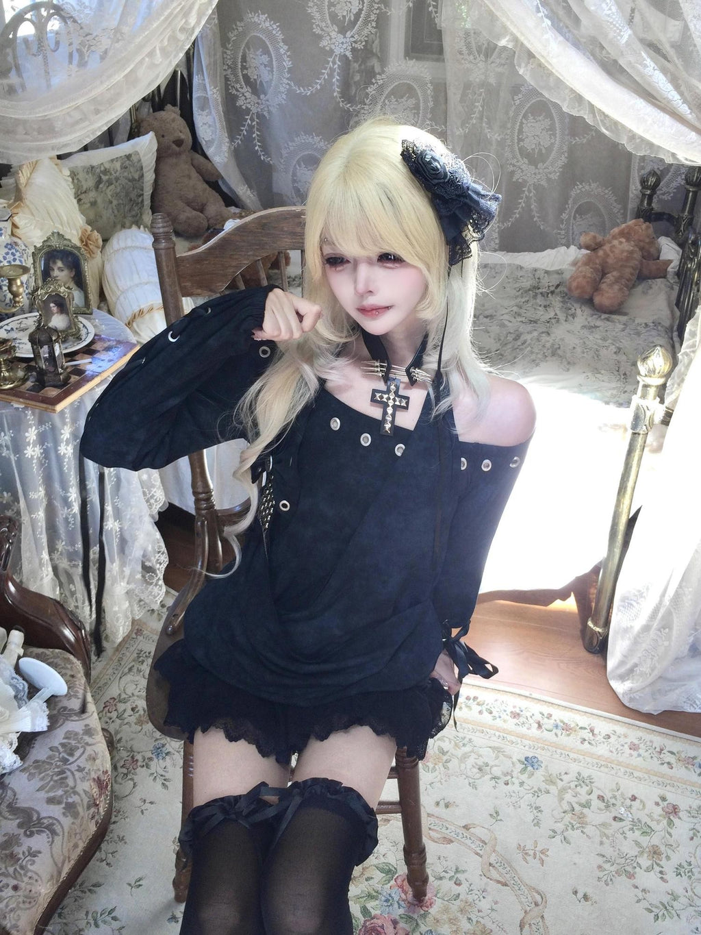 Sub Era Dark Gothic Halter Off Shoulder Studded Slim Fit Women's Polyester Long Sleeve T-shirts