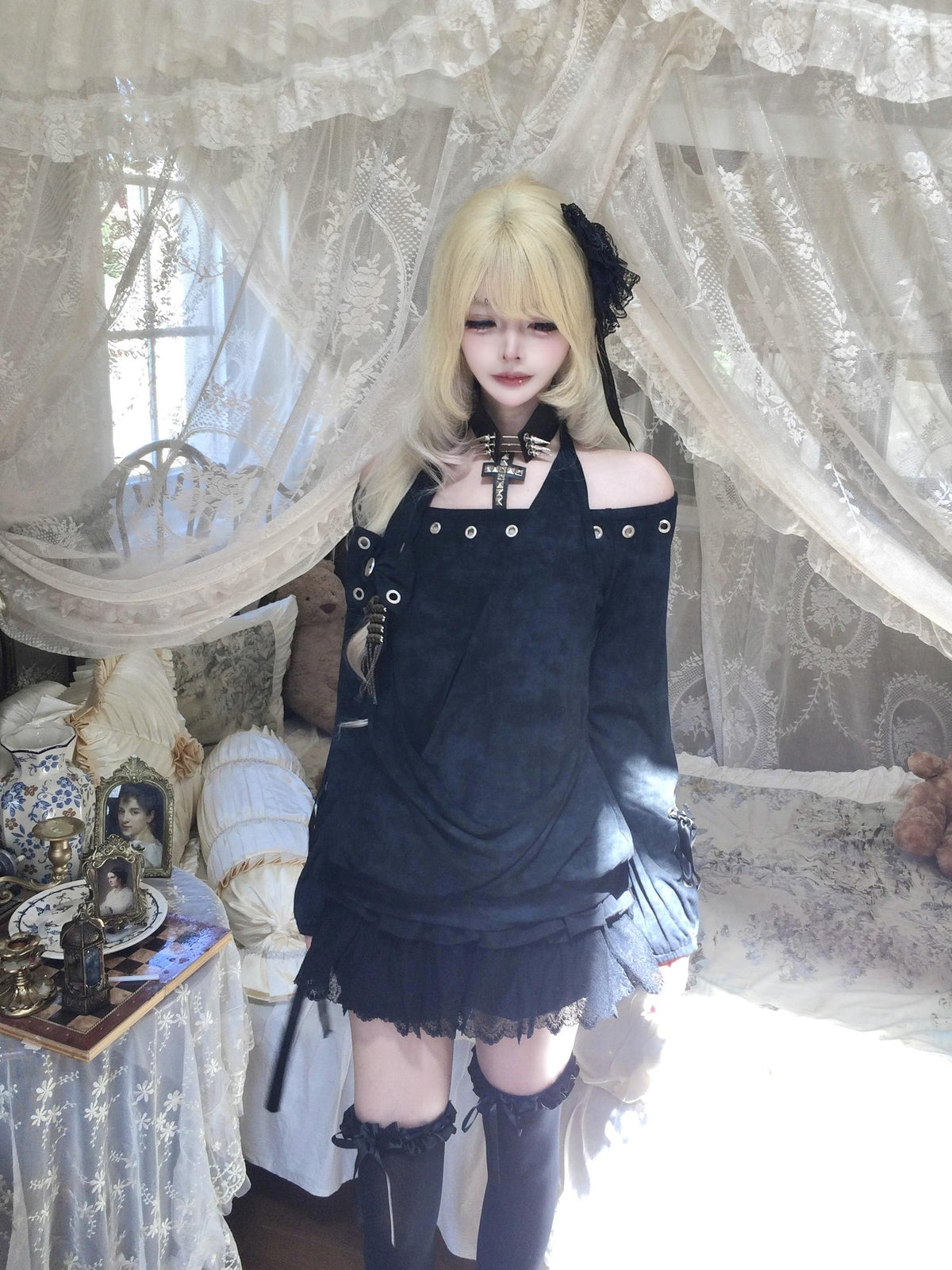 Sub Era Dark Gothic Halter Off Shoulder Studded Slim Fit Women's Polyester Long Sleeve T-shirts