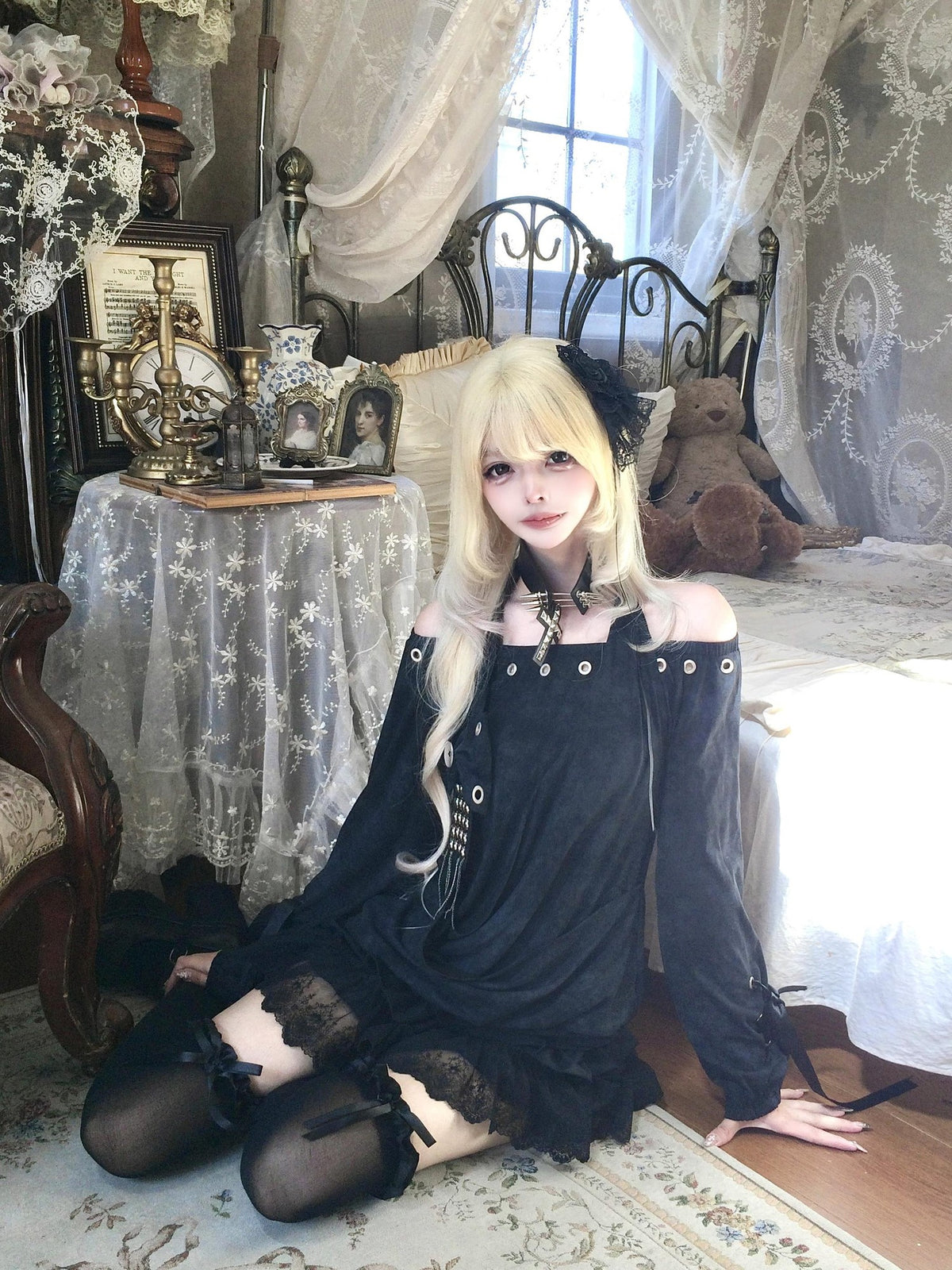 Sub Era Dark Gothic Halter Off Shoulder Studded Slim Fit Women's Polyester Long Sleeve T-shirts