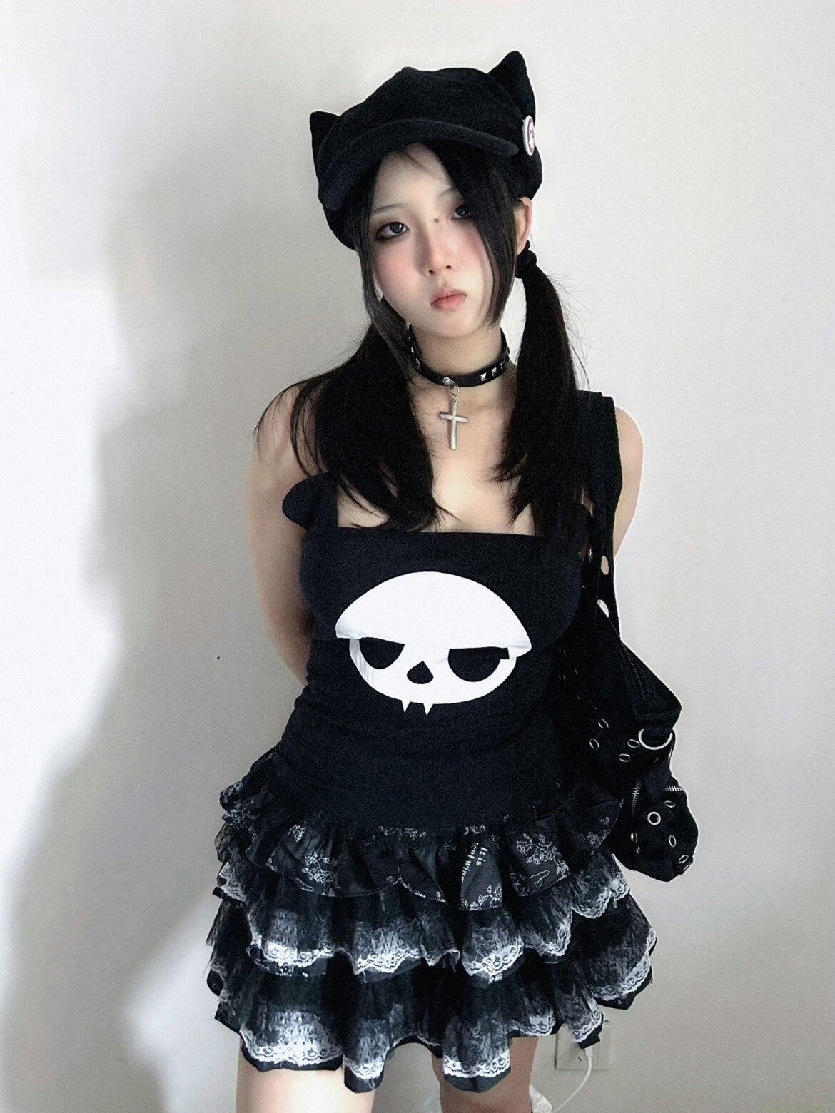 Sub Era Dark Harajuku Punk Lace Tiered Women's Polyester Mini Skirts