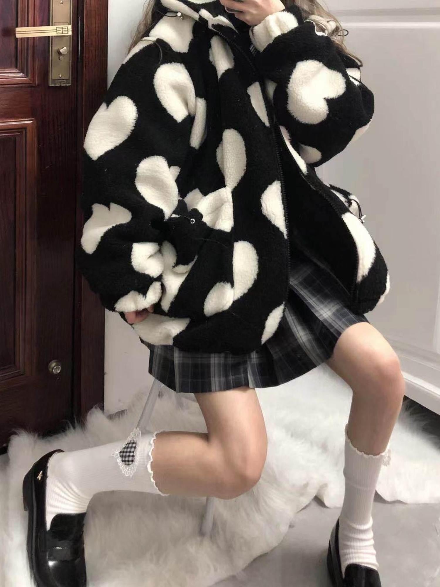 Sub Era Dark Heart Print Vintage Hooded Thick Sherpa Lined Women's Puffer Jackets