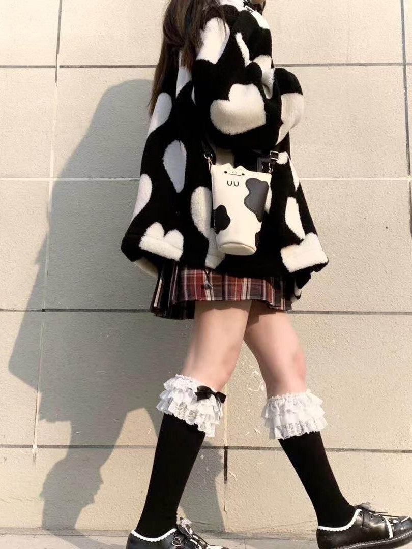 Sub Era Dark Heart Print Vintage Hooded Thick Sherpa Lined Women's Puffer Jackets