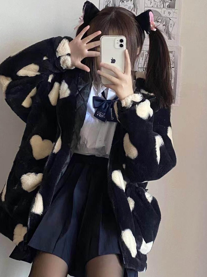 Sub Era Dark Heart Print Vintage Hooded Thick Sherpa Lined Women's Puffer Jackets