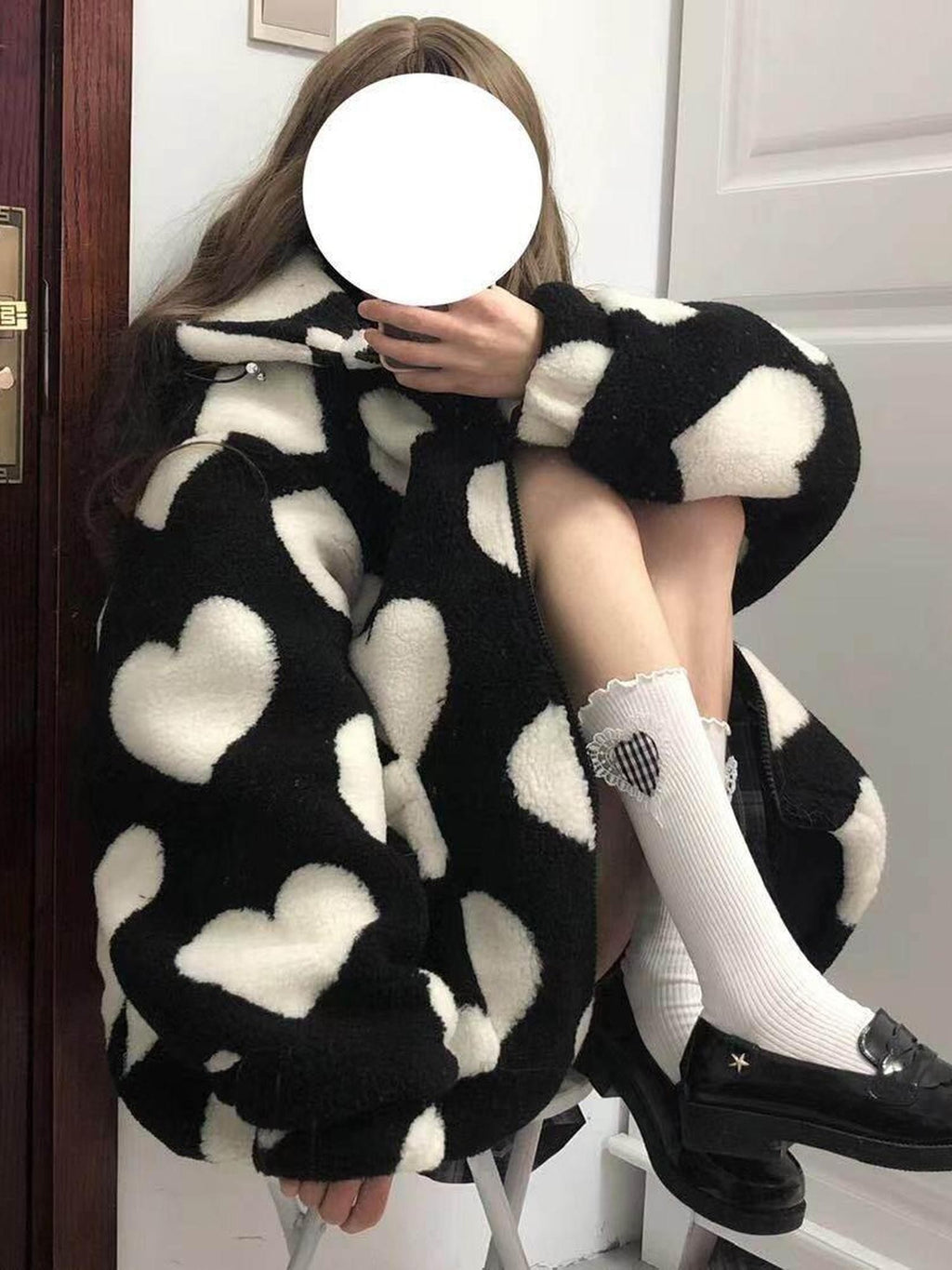 Sub Era Dark Heart Print Vintage Hooded Thick Sherpa Lined Women's Puffer Jackets