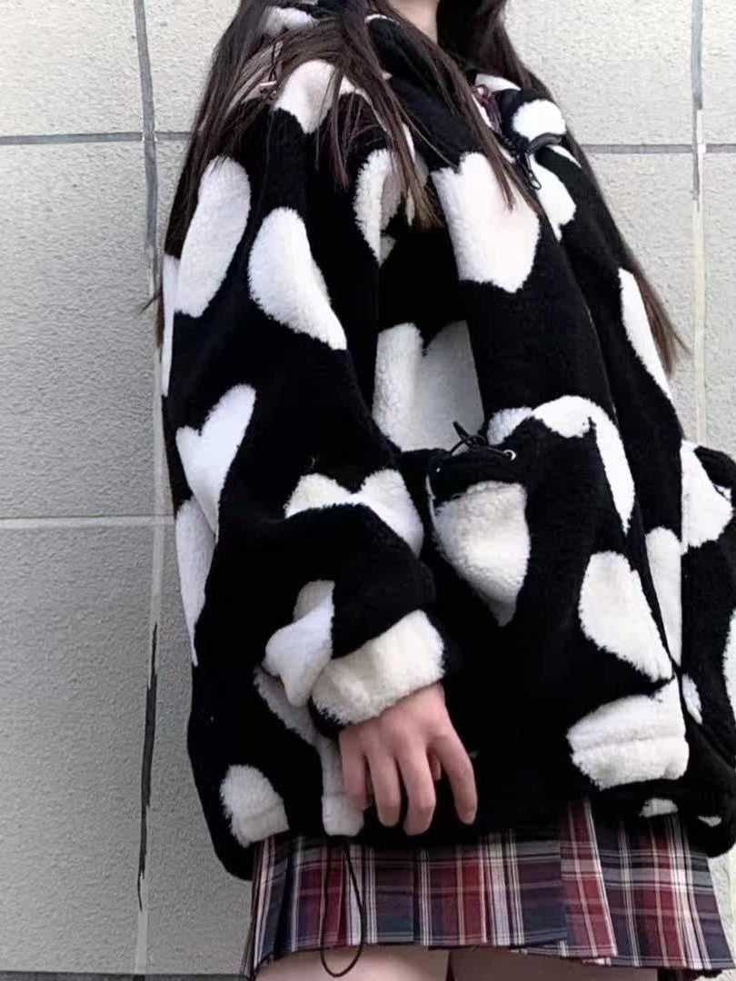 Sub Era Dark Heart Print Vintage Hooded Thick Sherpa Lined Women's Puffer Jackets