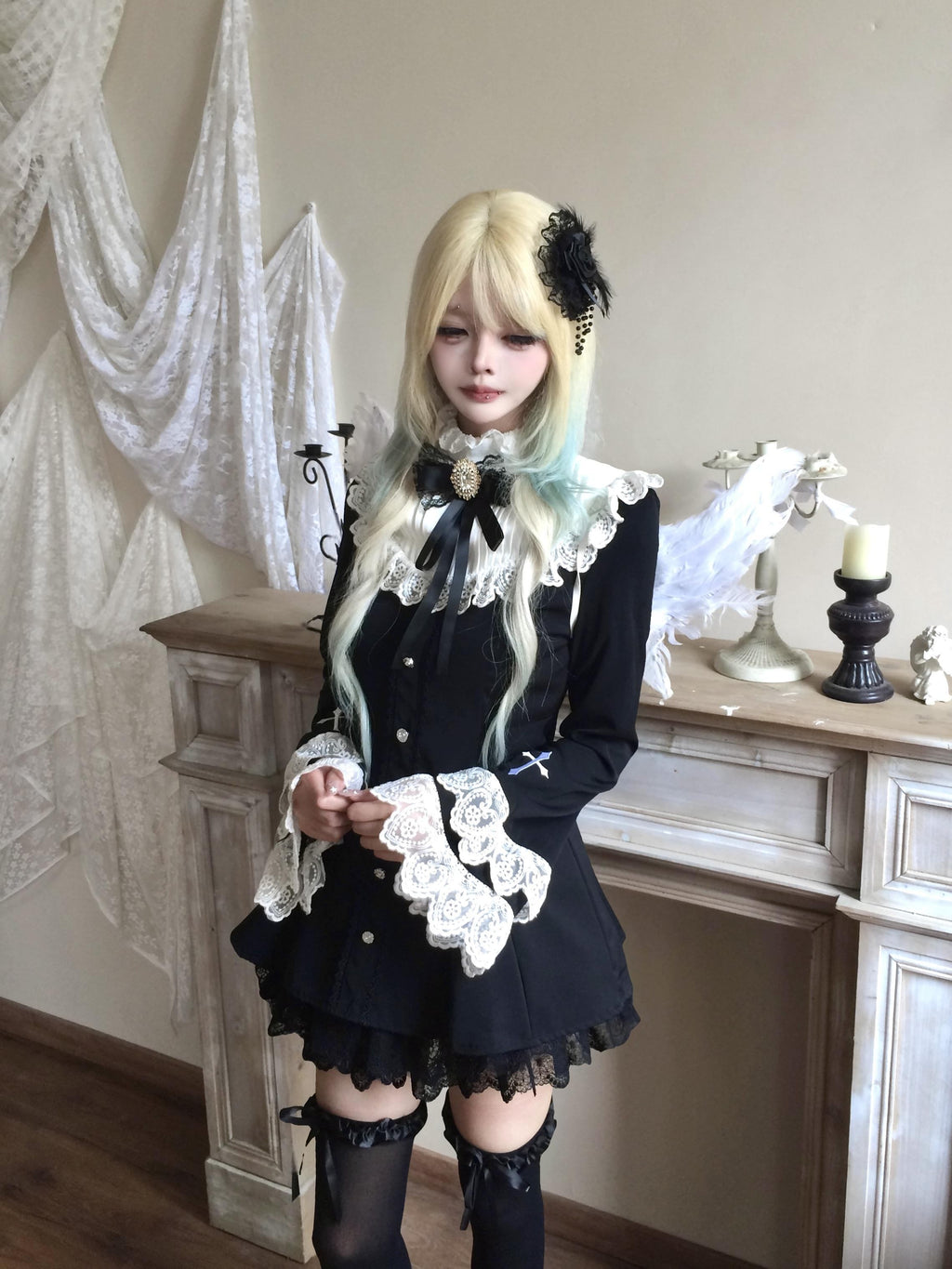 Sub_Era_Dark_Lace_Flare_Sleeve_Bow_A_Line_Women's_Polyester_Babydoll_Mini_Dresses_1074782812034_MISSTT