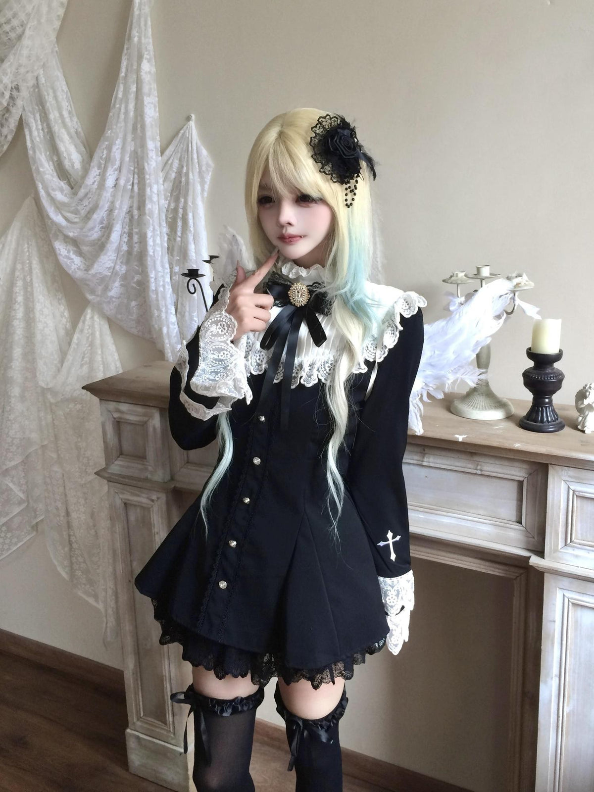 Sub Era Dark Lace Flare Sleeve Bow A Line Women's Polyester Babydoll Mini Dresses