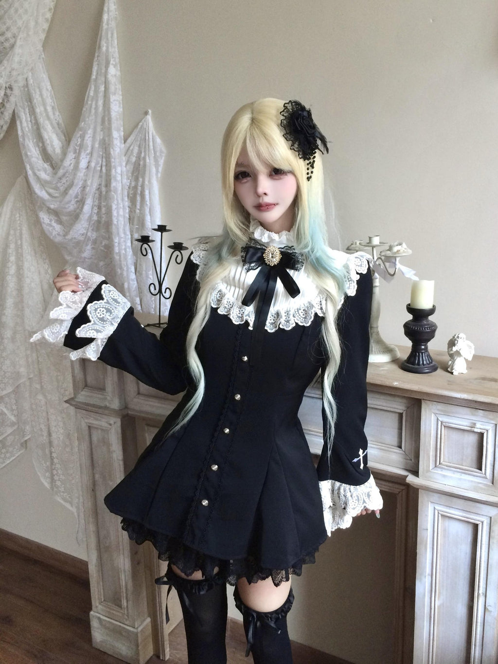 Sub Era Dark Lace Flare Sleeve Bow A Line Women's Polyester Babydoll Mini Dresses