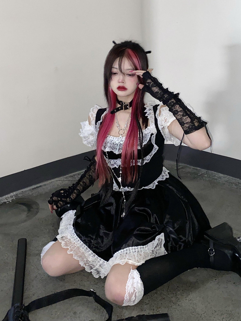 Sub Era Dark Lace Splice Puff Sleeve High Waist Faux Two Piece Women's Slip Mini Dresses