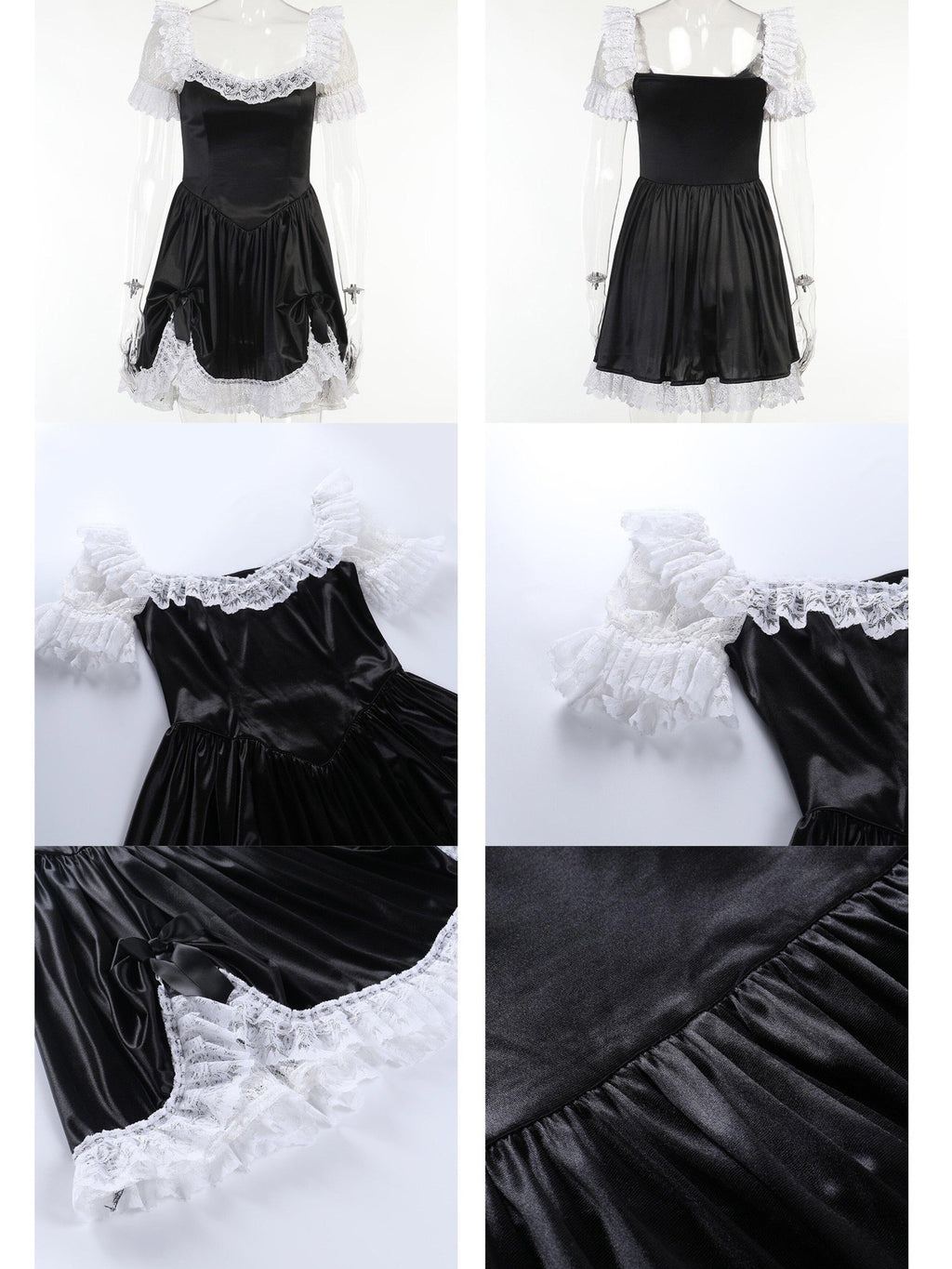 Sub Era Dark Lace Splice Puff Sleeve High Waist Faux Two Piece Women's Slip Mini Dresses