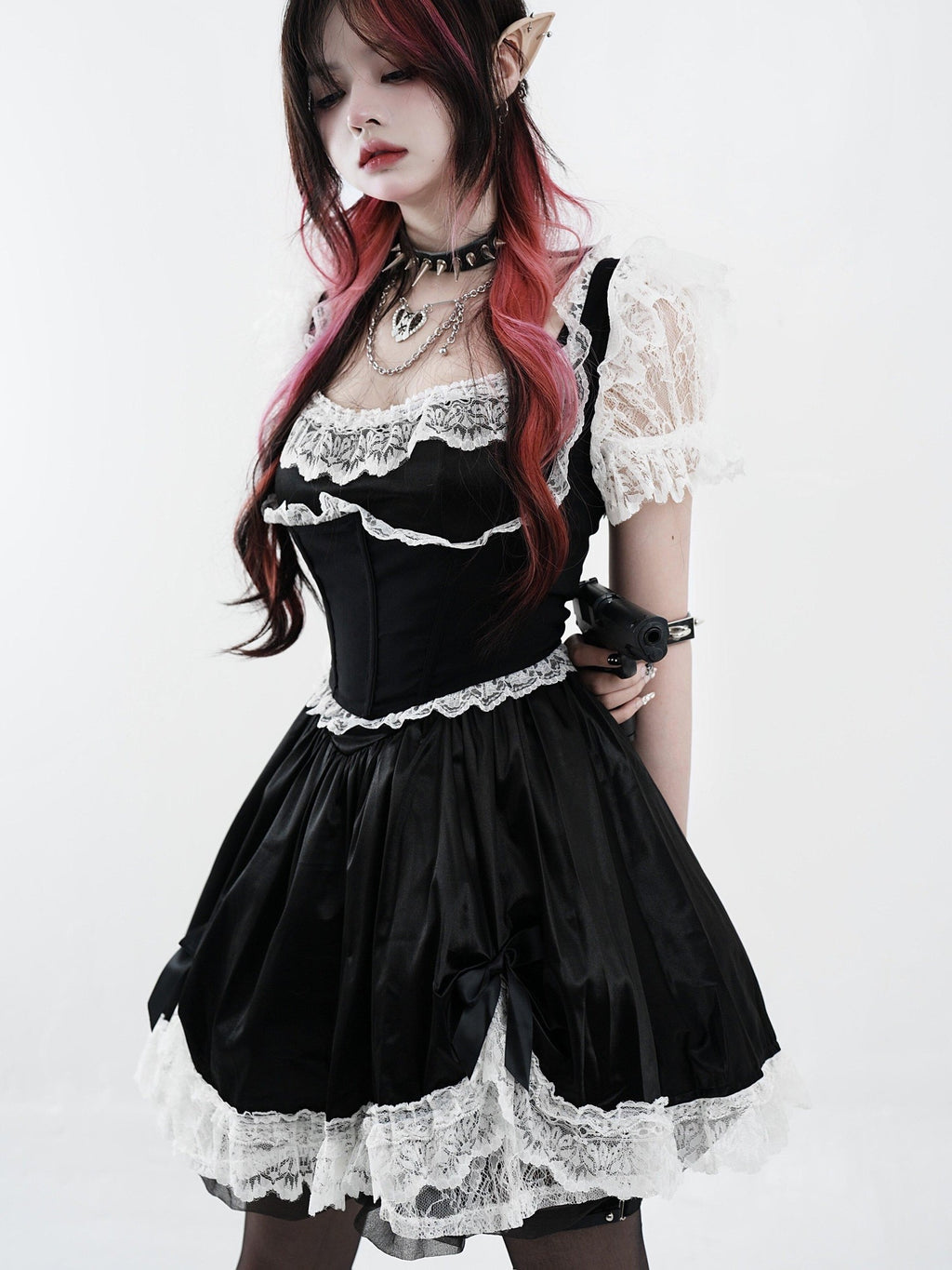 Sub Era Dark Lace Splice Puff Sleeve High Waist Faux Two Piece Women's Slip Mini Dresses