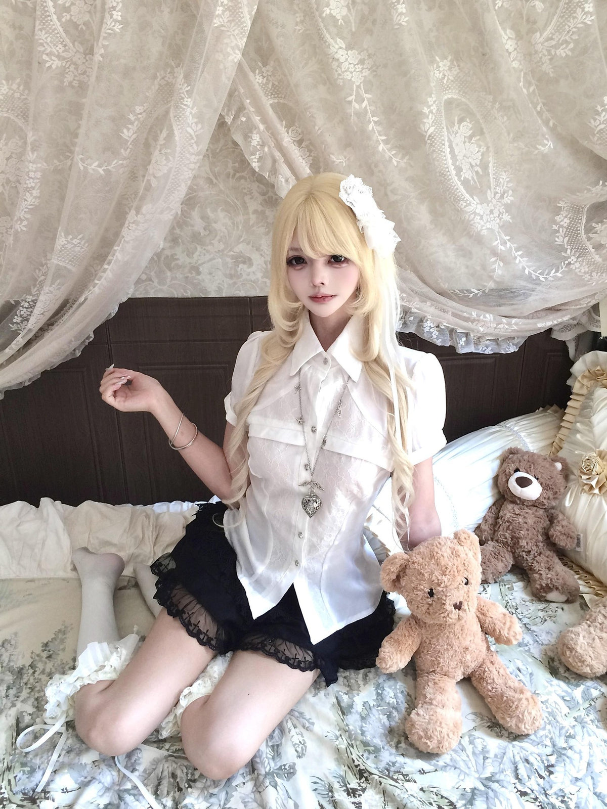 Sub Era Dark Lace Waist Cinched Short Sleeve Polyester Women's Blouses