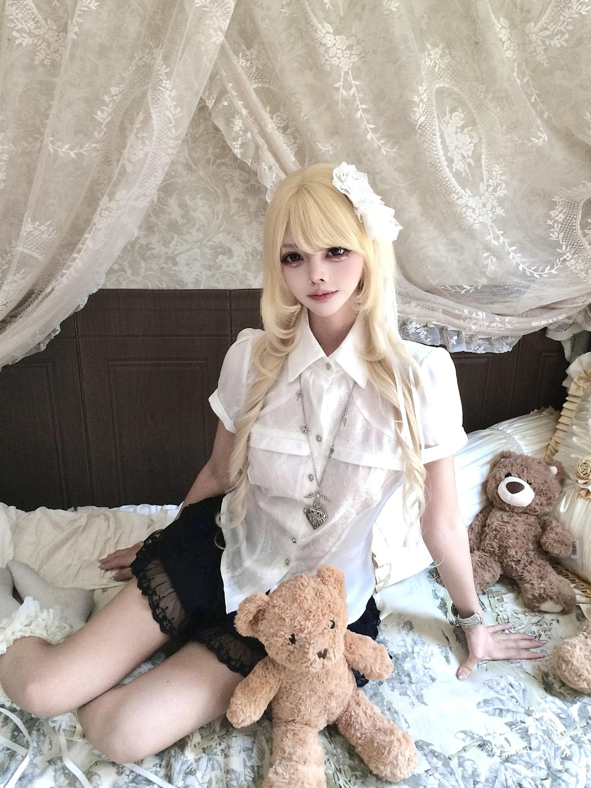 Sub Era Dark Lace Waist Cinched Short Sleeve Polyester Women's Blouses