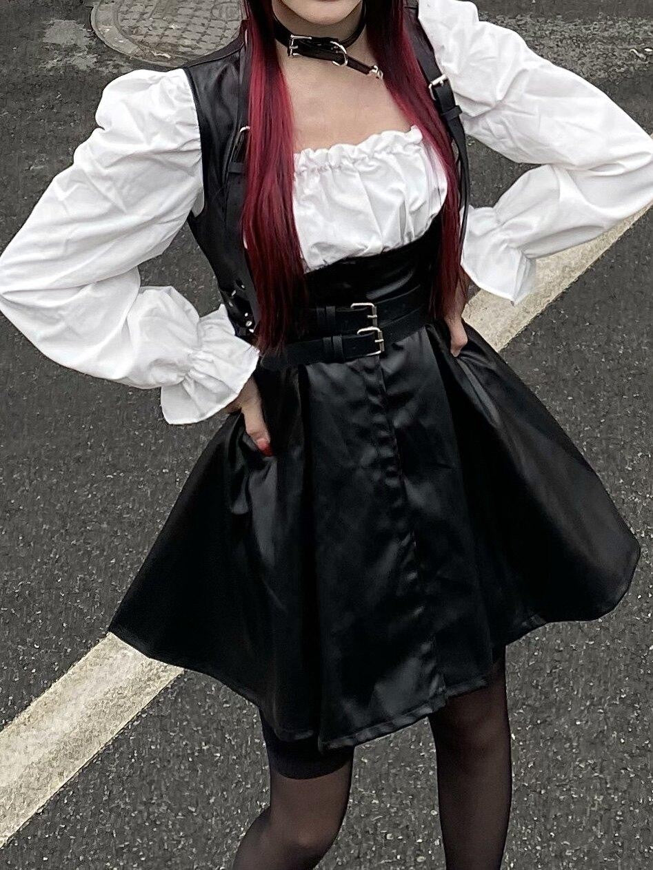 Sub Era Dark Punk Waist Cinched Lace Two Piece Women's Pu Casual Mini Dresses