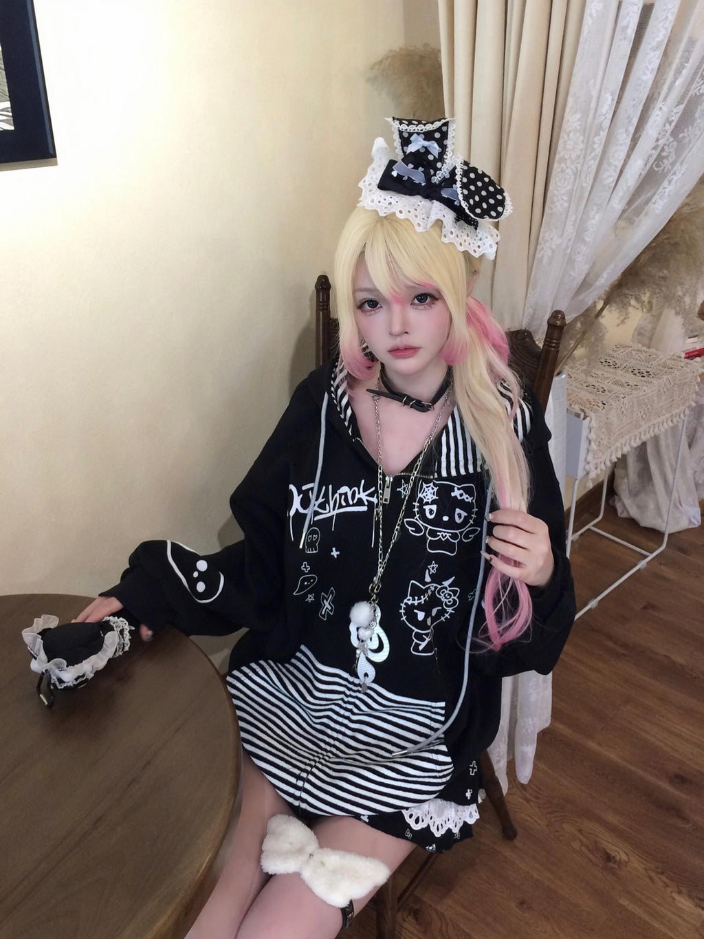 Sub Era Devil Ear Striped Anime Print Patchwork Women's Polyester Zip-up Hoodies