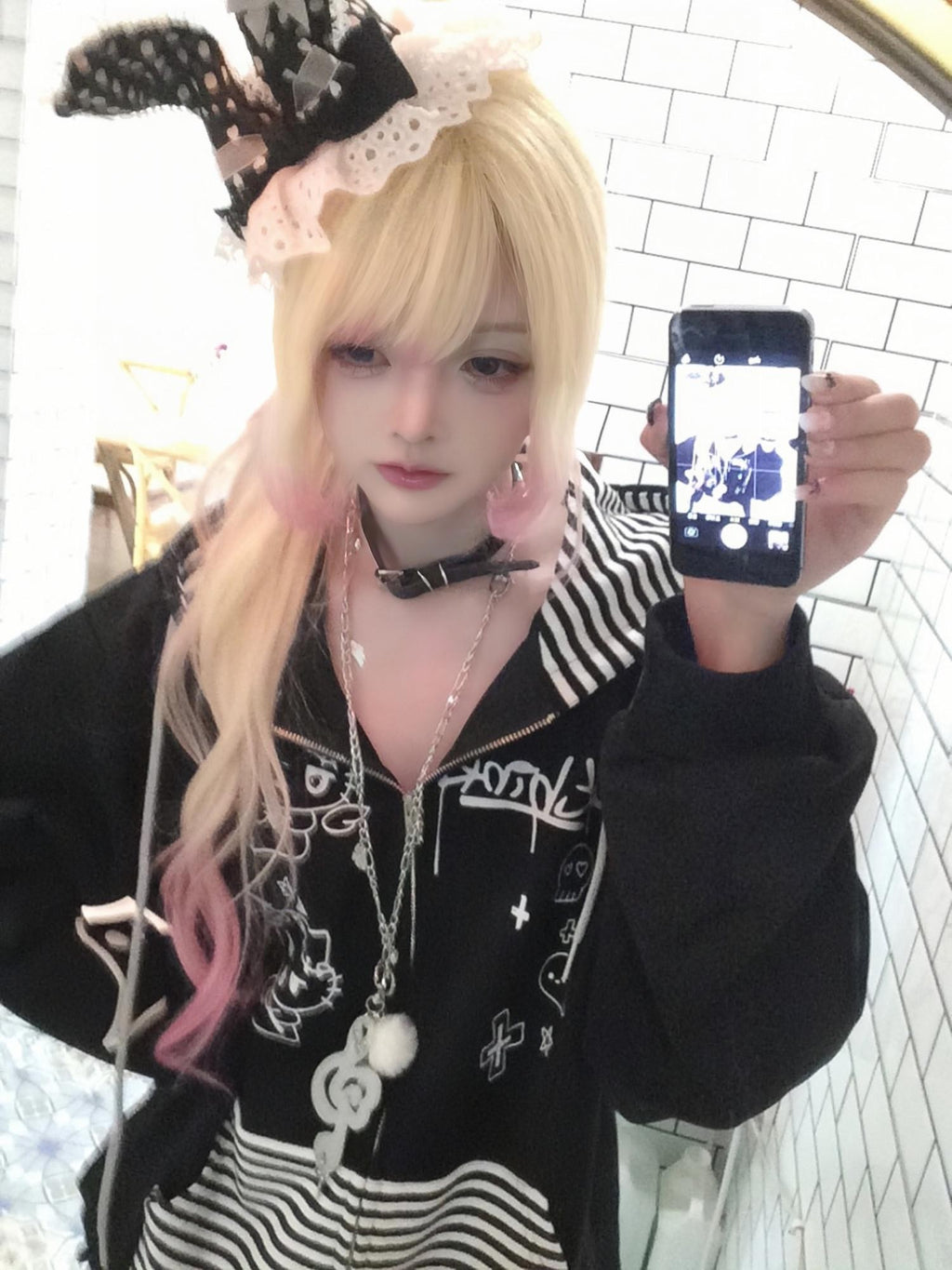 Sub Era Devil Ear Striped Anime Print Patchwork Women's Polyester Zip-up Hoodies