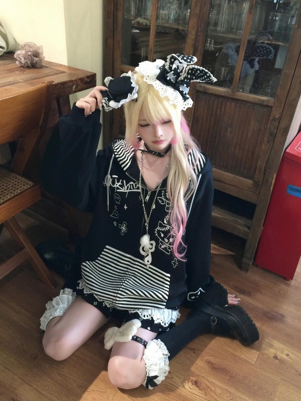 Sub Era Devil Ear Striped Anime Print Patchwork Women's Polyester Zip-up Hoodies
