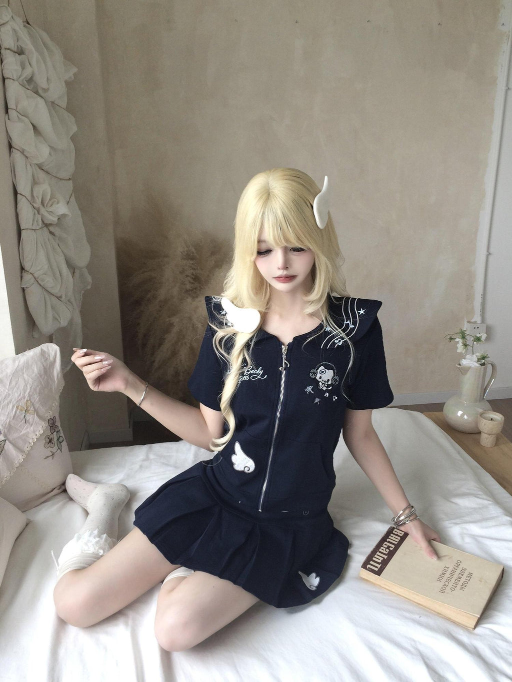 Sub Era Doll Collar Zip Cardigan Pleated High Waist Slim Women's Matching Skirt Sets