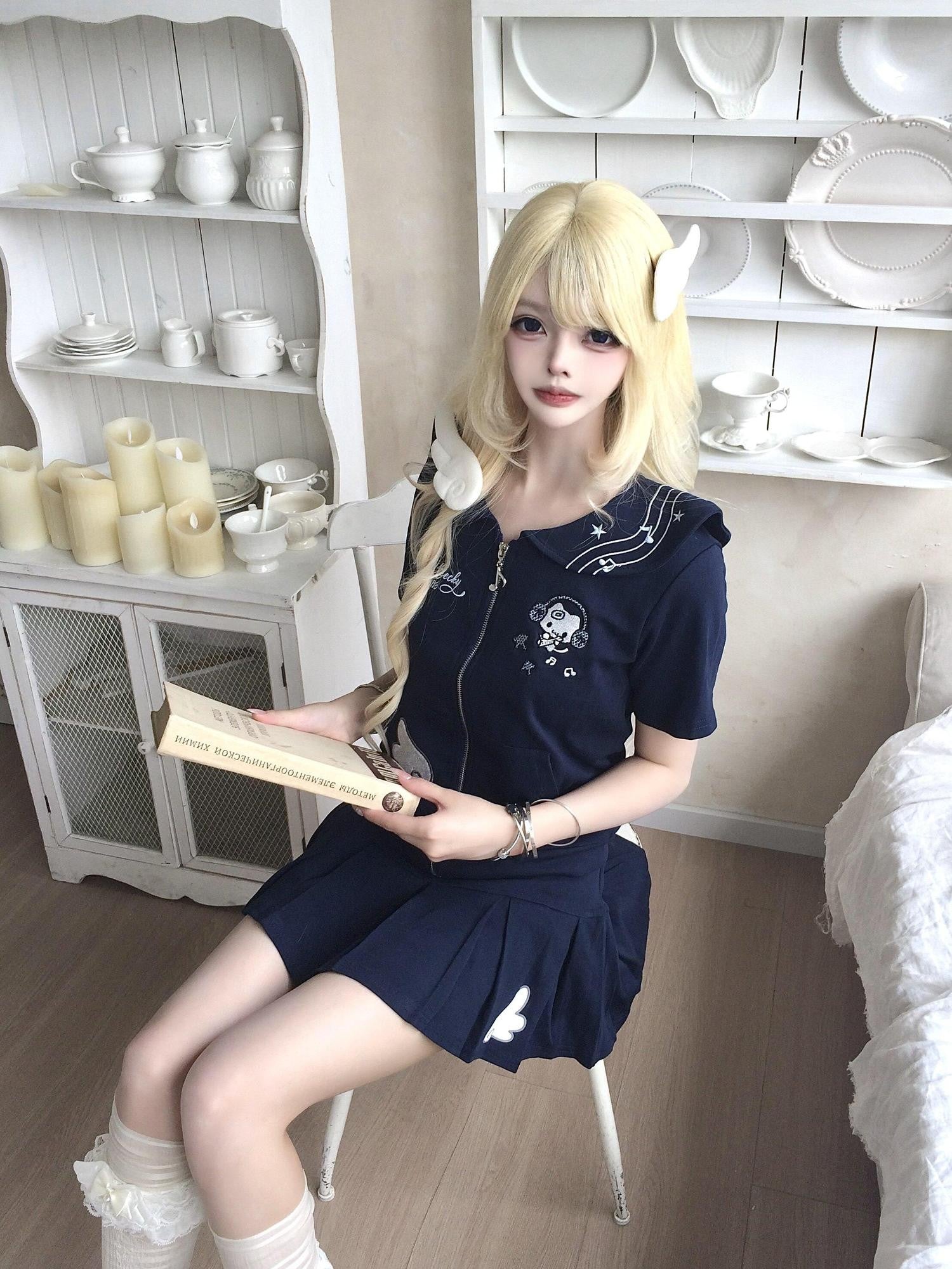 Sub Era Doll Collar Zip Cardigan Pleated High Waist Slim Women's Matching Skirt Sets