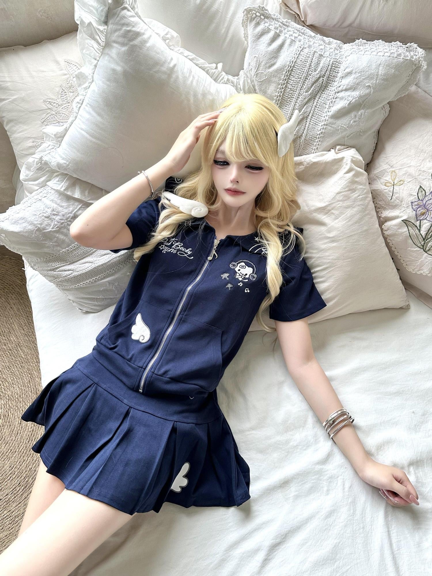 Sub Era Doll Collar Zip Cardigan Pleated High Waist Slim Women's Matching Skirt Sets