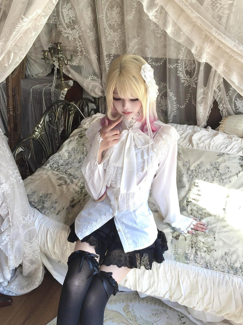 Sub Era Elegant Lace Bow Ruffle Tie Long Sleeve Women's Blouses