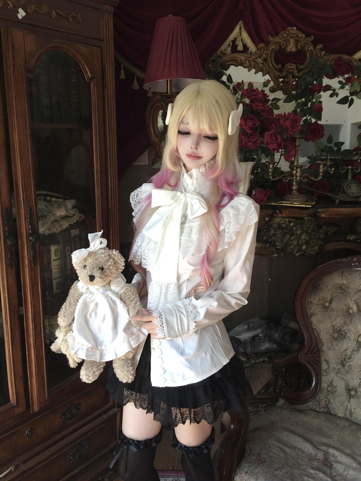 Sub Era Elegant Lace Bow Ruffle Tie Long Sleeve Women's Blouses