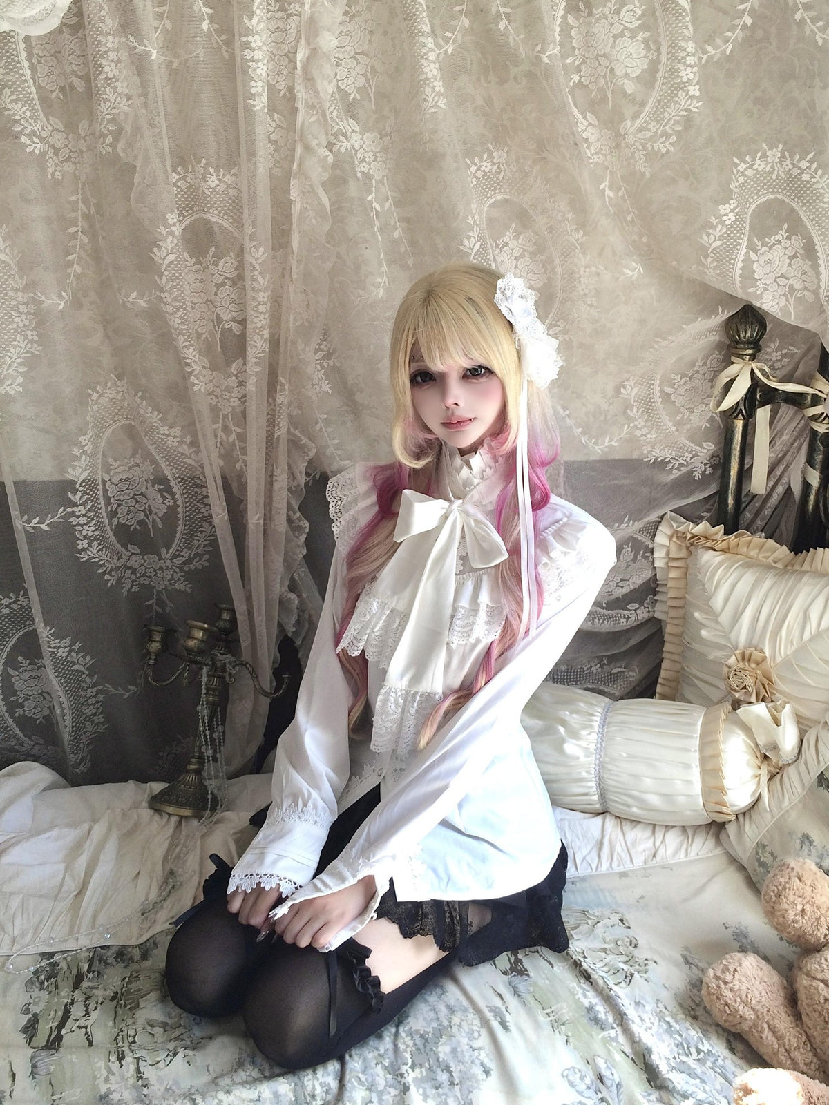 Sub Era Elegant Lace Bow Ruffle Tie Long Sleeve Women's Blouses