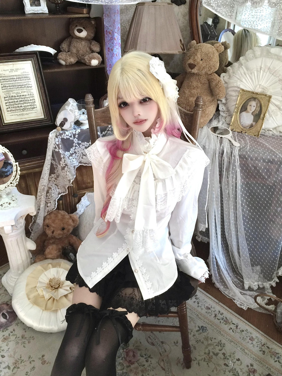 Sub Era Elegant Lace Bow Ruffle Tie Long Sleeve Women's Blouses
