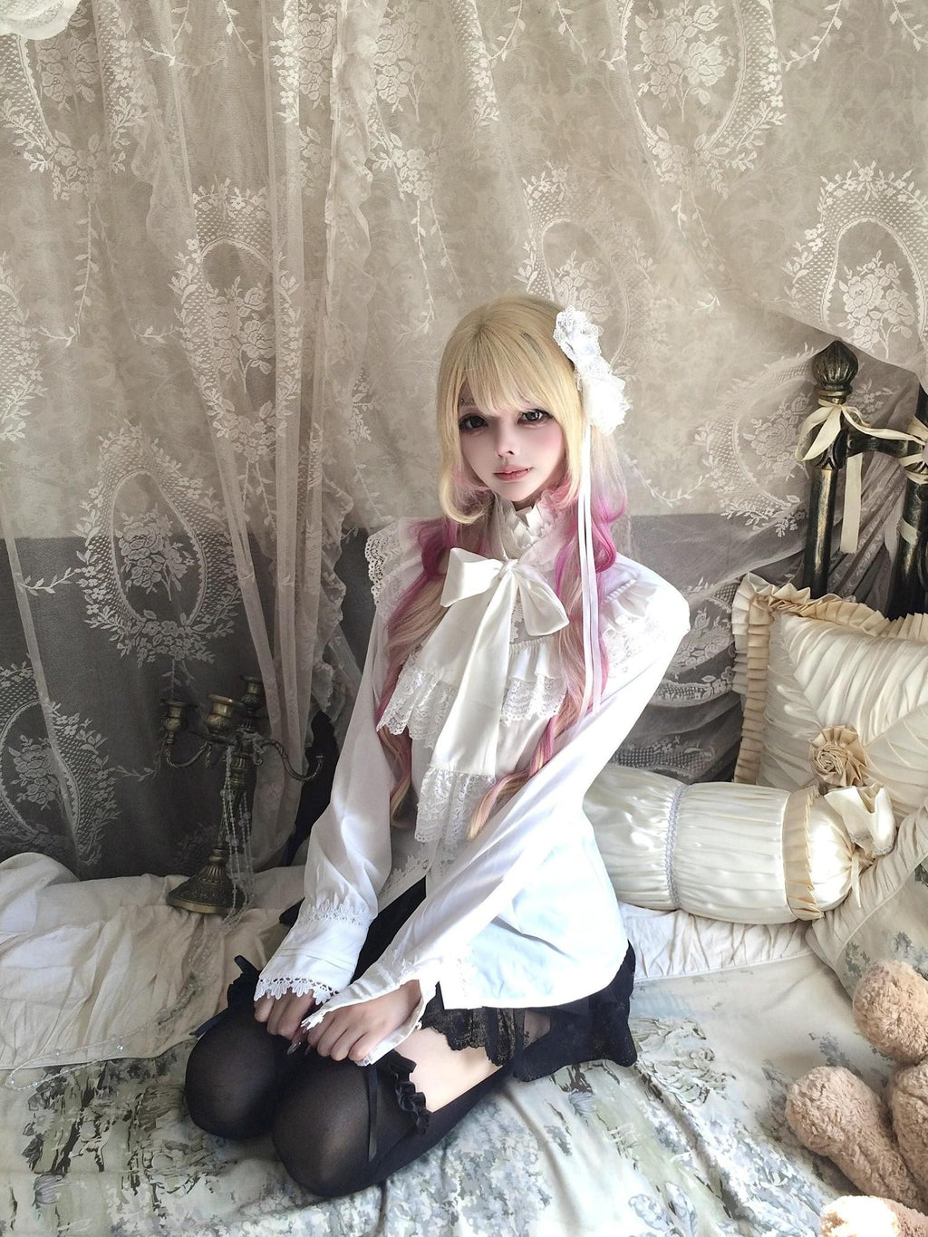 Sub Era Elegant Lace Bow Ruffle Tie Long Sleeve Women's Blouses