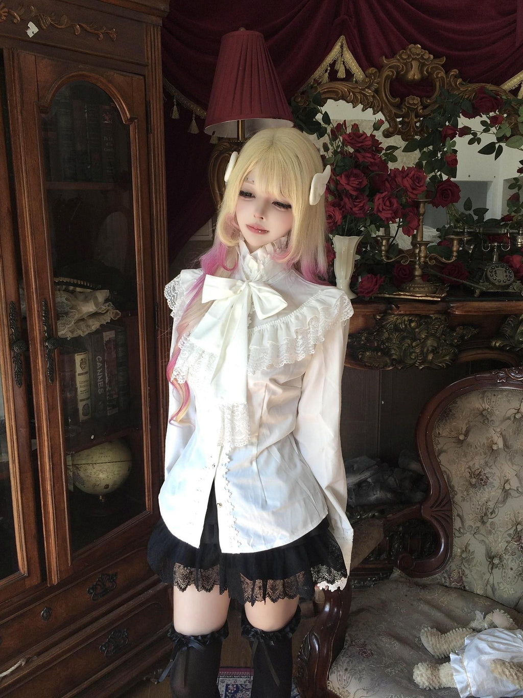 Sub Era Elegant Lace Bow Ruffle Tie Long Sleeve Women's Blouses
