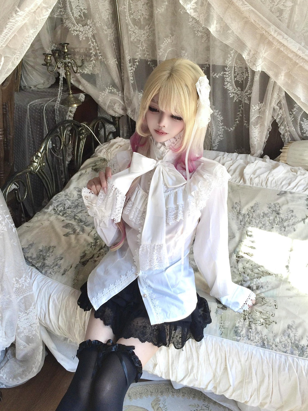 Sub Era Elegant Lace Bow Ruffle Tie Long Sleeve Women's Blouses