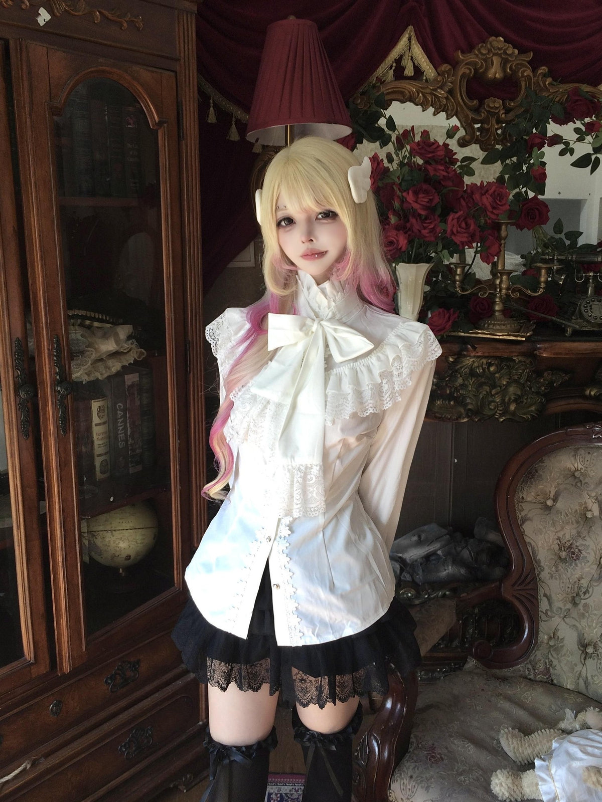 Sub Era Elegant Lace Bow Ruffle Tie Long Sleeve Women's Blouses