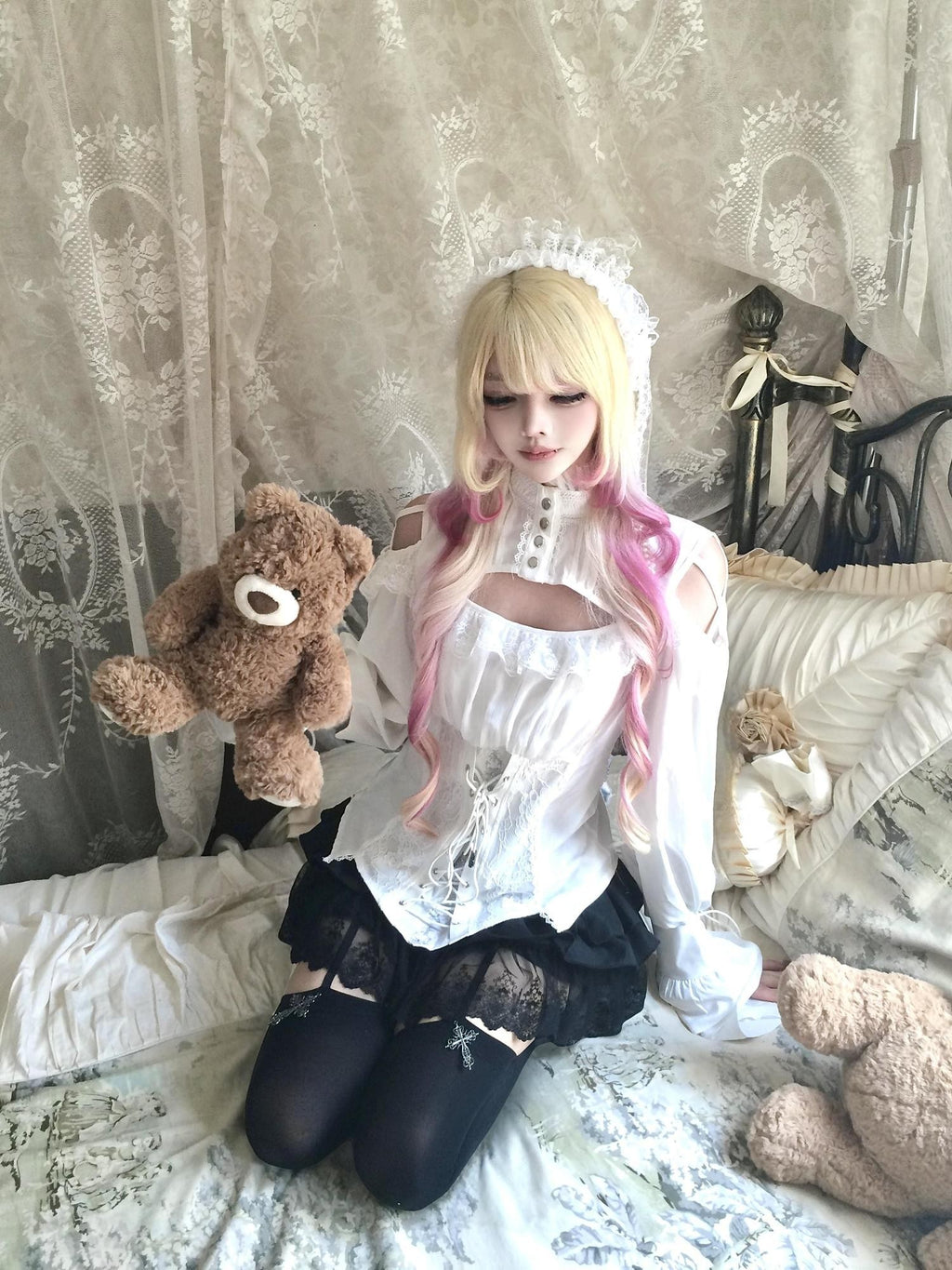 Sub Era Elegant Lace Ruffle Tie Waist Long Sleeve Women's Lace Blouses