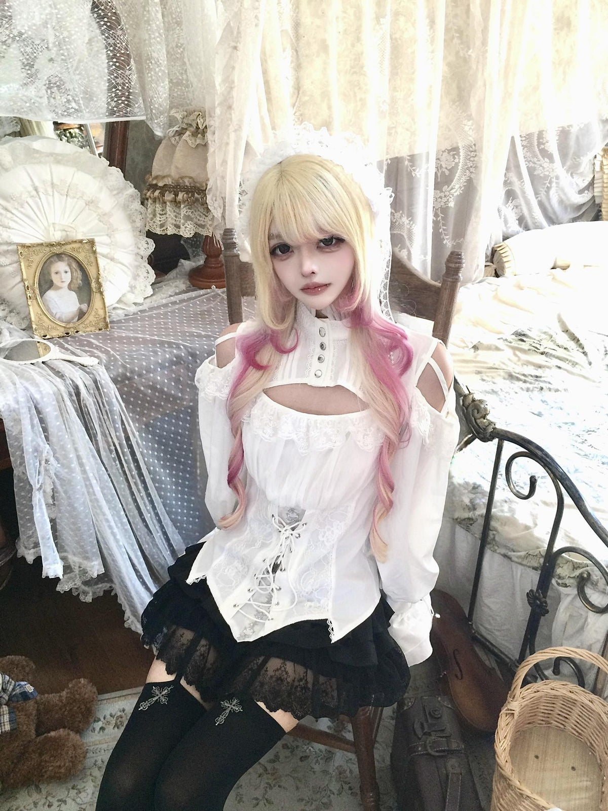 Sub Era Elegant Lace Ruffle Tie Waist Long Sleeve Women's Lace Blouses