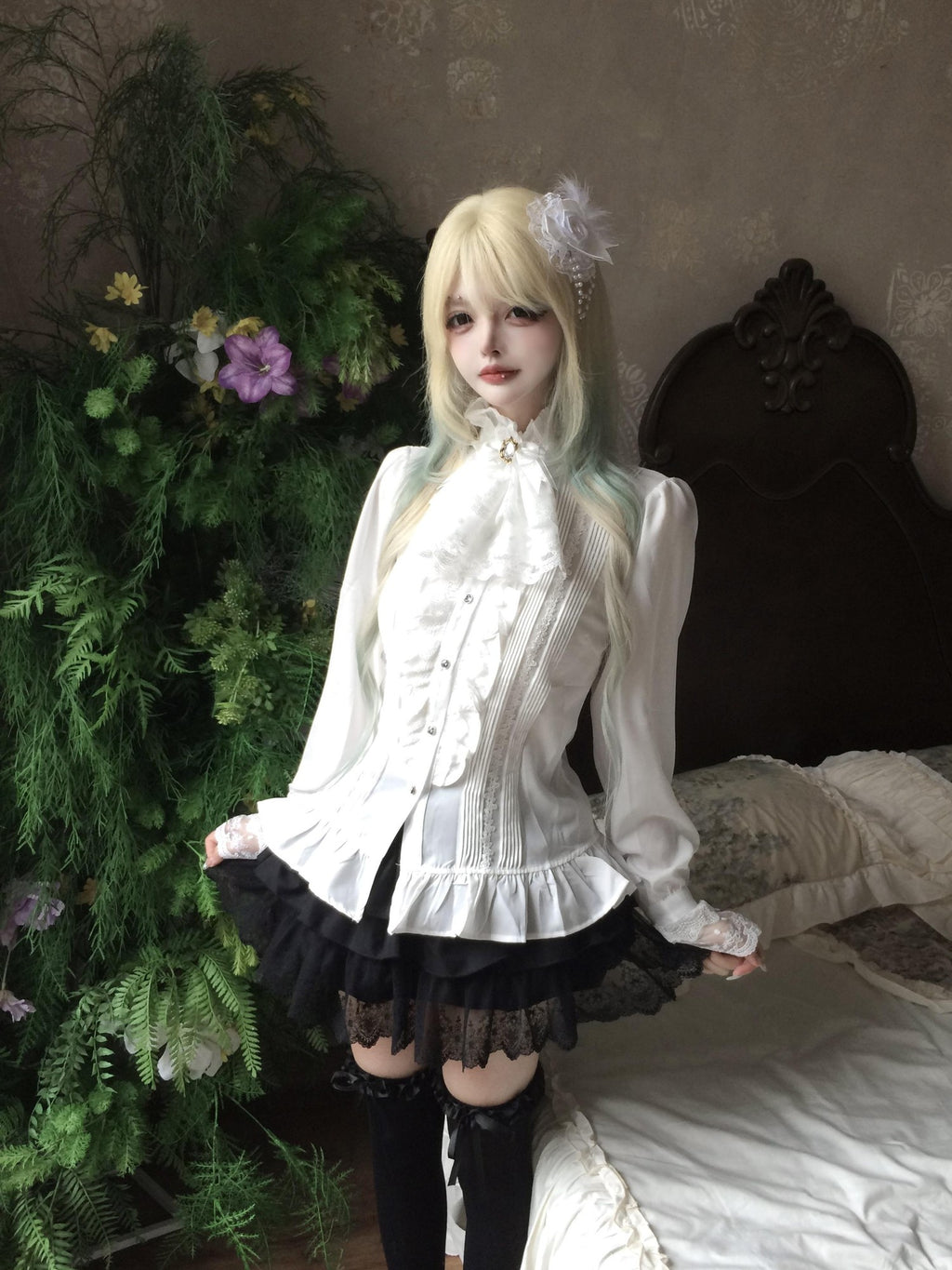 Sub Era Elegant Ruffle Tie Long Sleeve Women's Lace Blouses