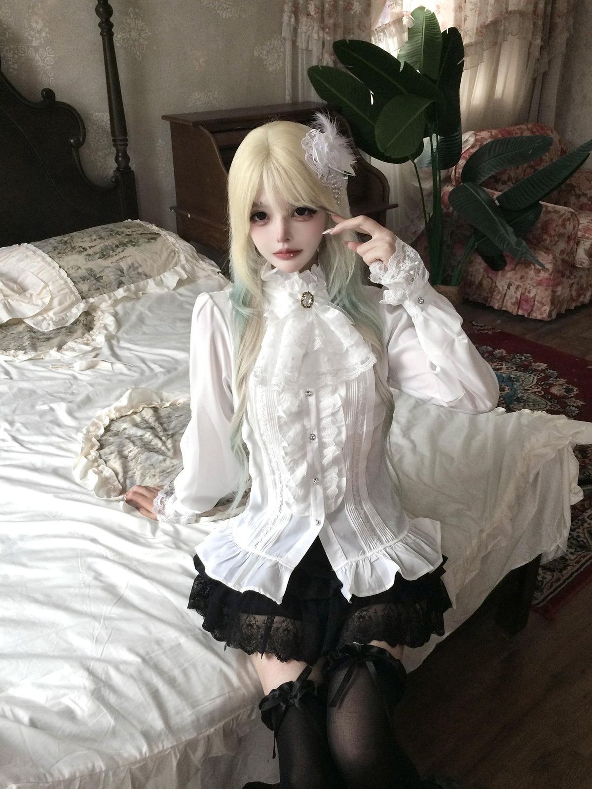 Sub Era Elegant Ruffle Tie Long Sleeve Women's Lace Blouses