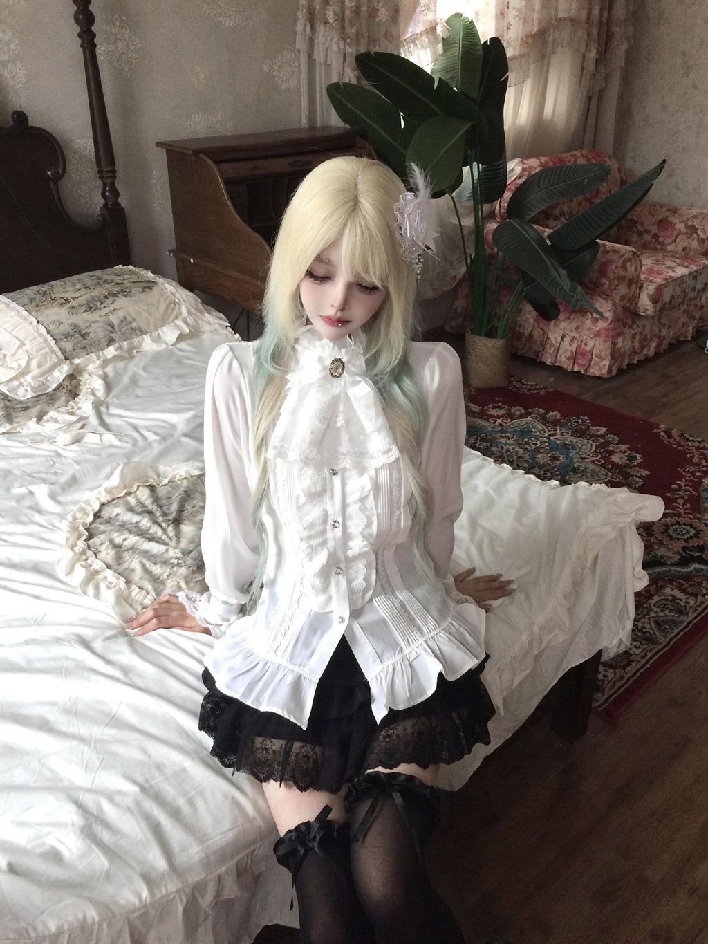 Sub Era Elegant Ruffle Tie Long Sleeve Women's Lace Blouses