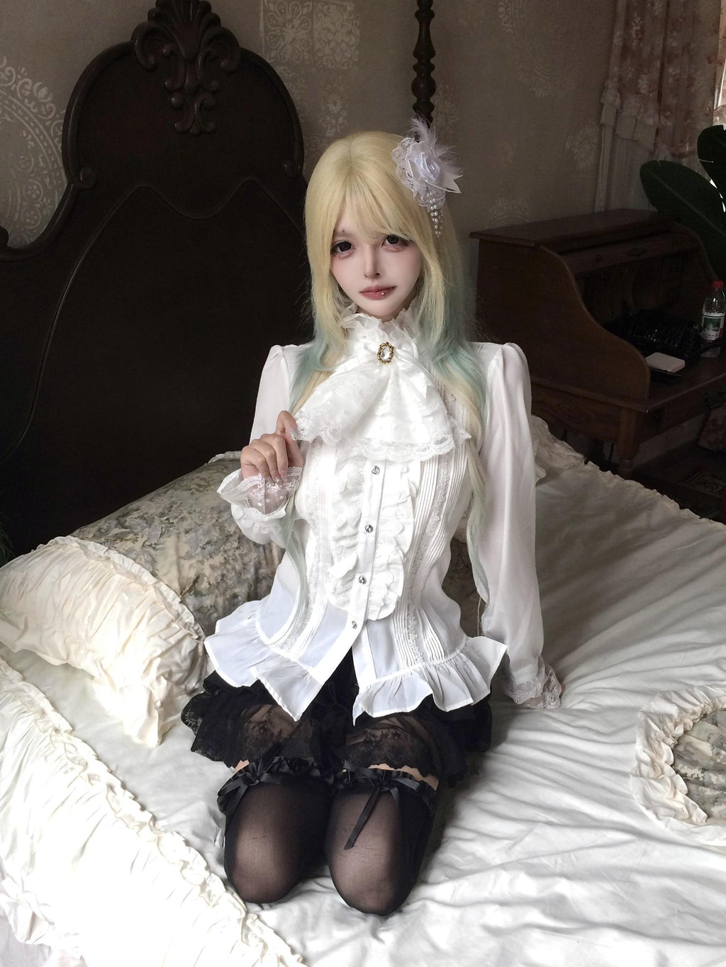 Sub Era Elegant Ruffle Tie Long Sleeve Women's Lace Blouses