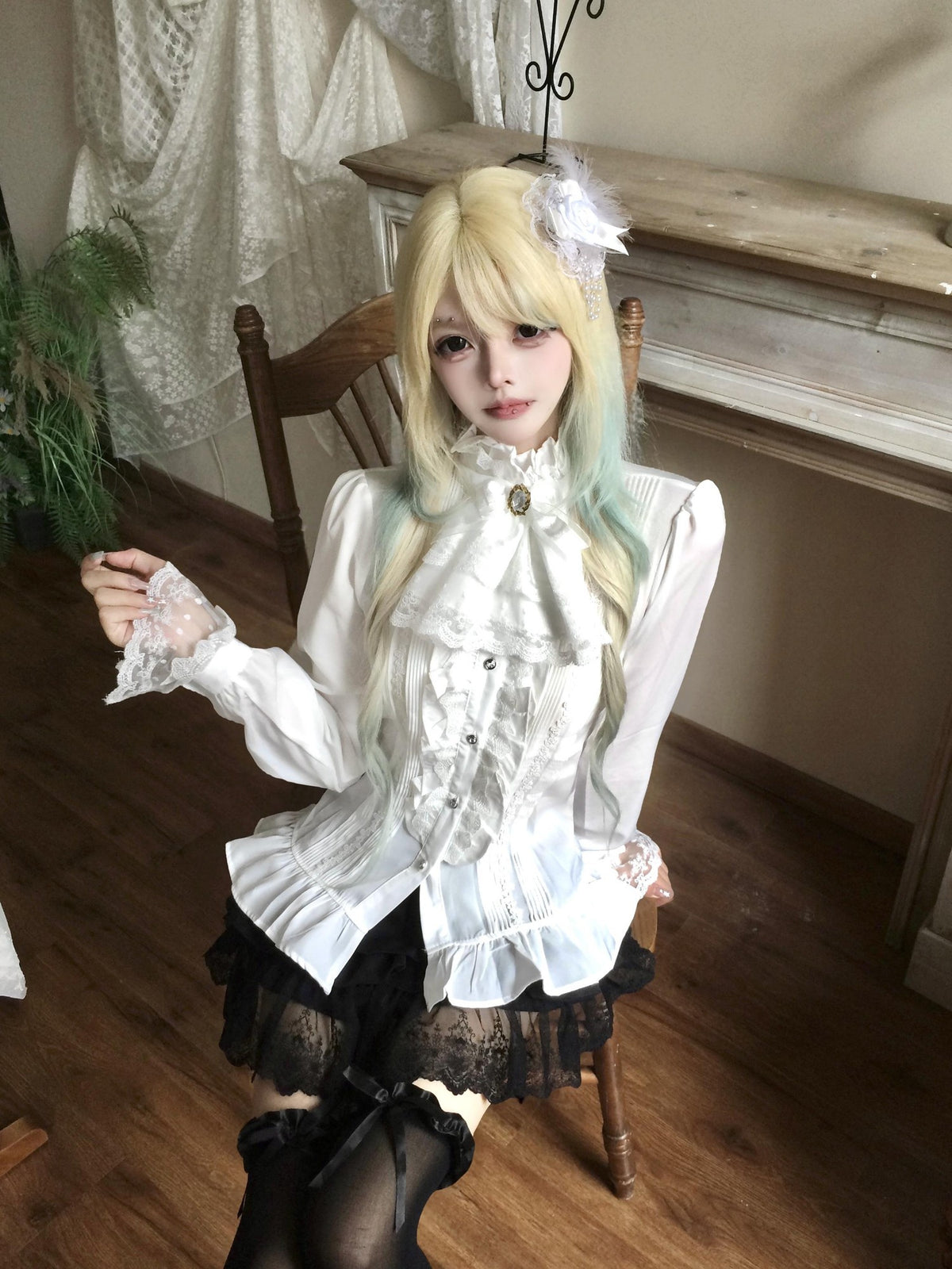 Sub Era Elegant Ruffle Tie Long Sleeve Women's Lace Blouses