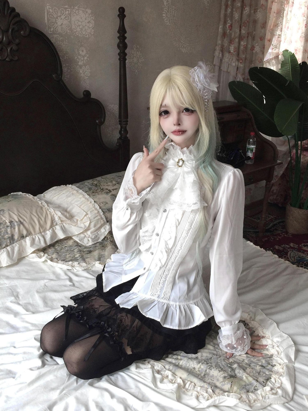 Sub Era Elegant Ruffle Tie Long Sleeve Women's Lace Blouses