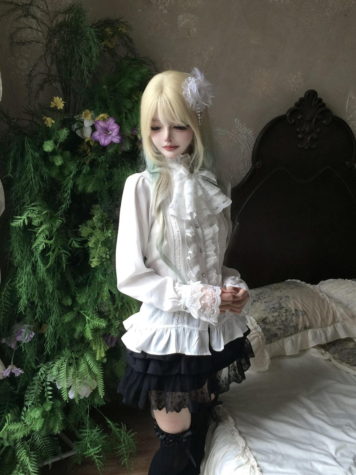 Sub Era Elegant Ruffle Tie Long Sleeve Women's Lace Blouses