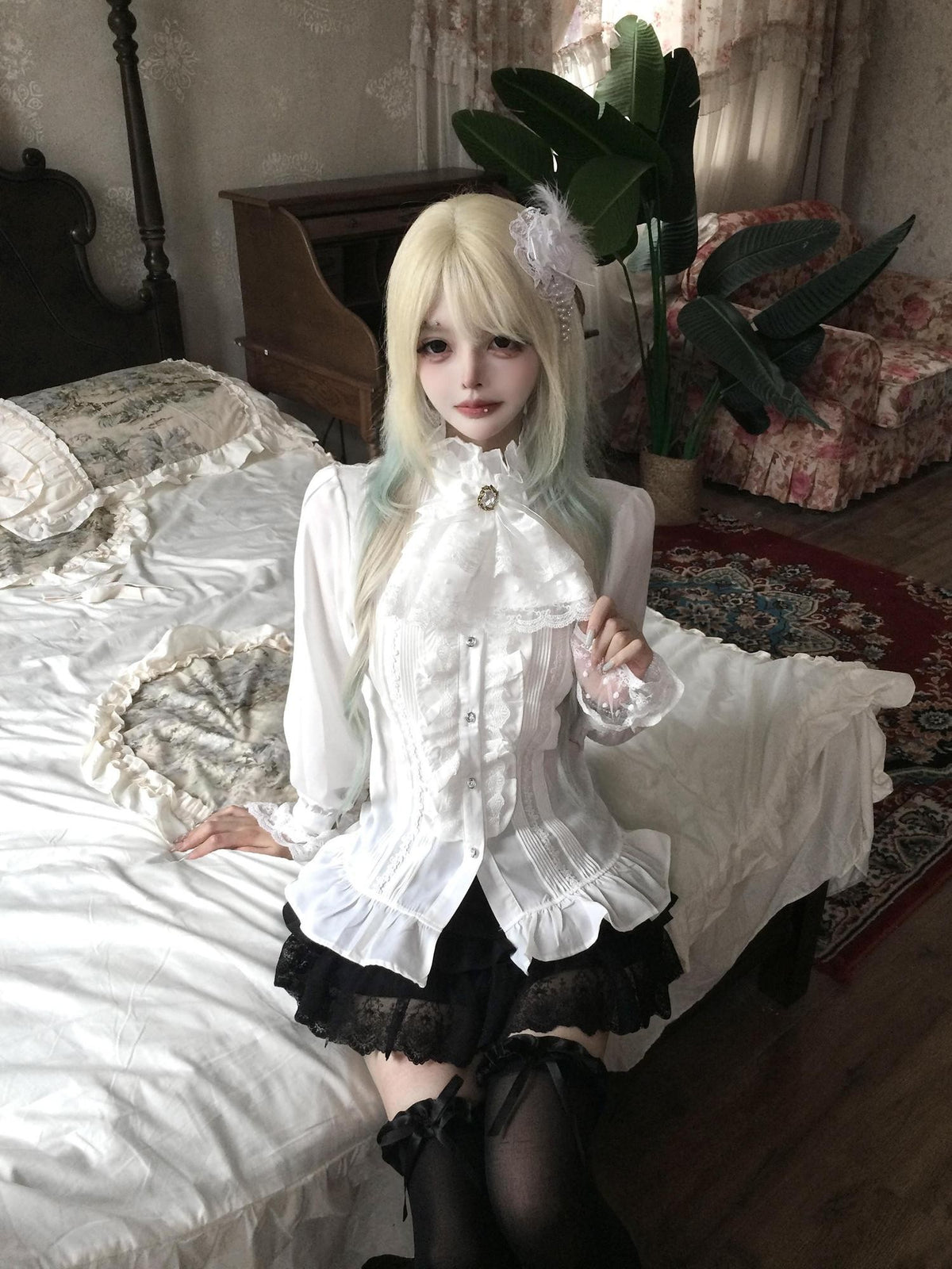 Sub Era Elegant Ruffle Tie Long Sleeve Women's Lace Blouses