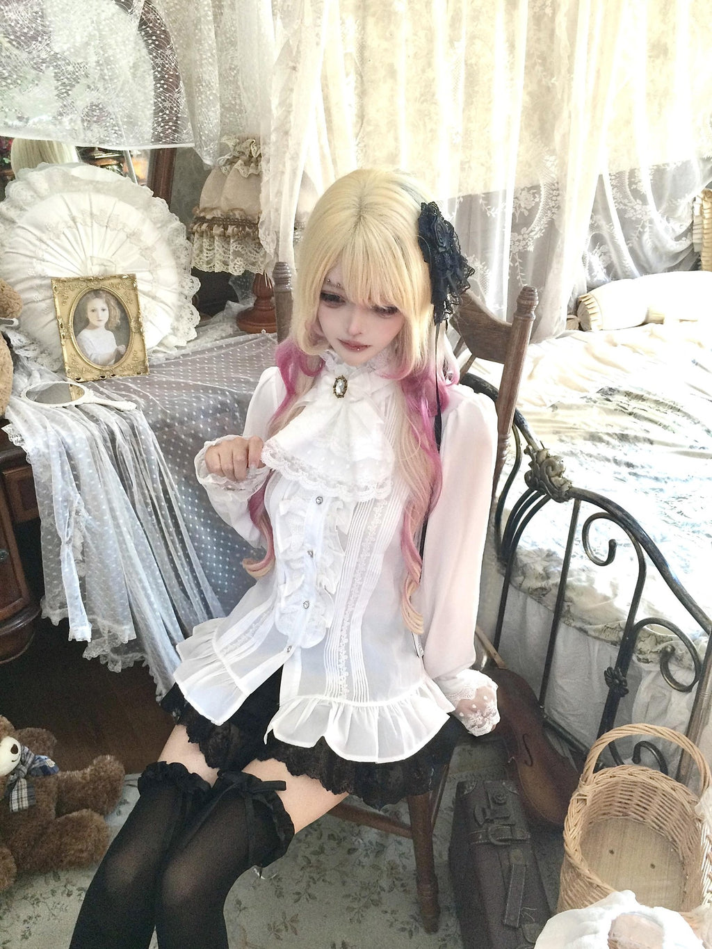 Sub Era Elegant Ruffle Tie Long Sleeve Women's Lace Blouses