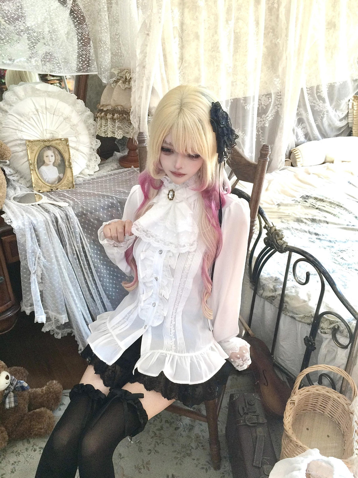 Sub Era Elegant Ruffle Tie Long Sleeve Women's Lace Blouses