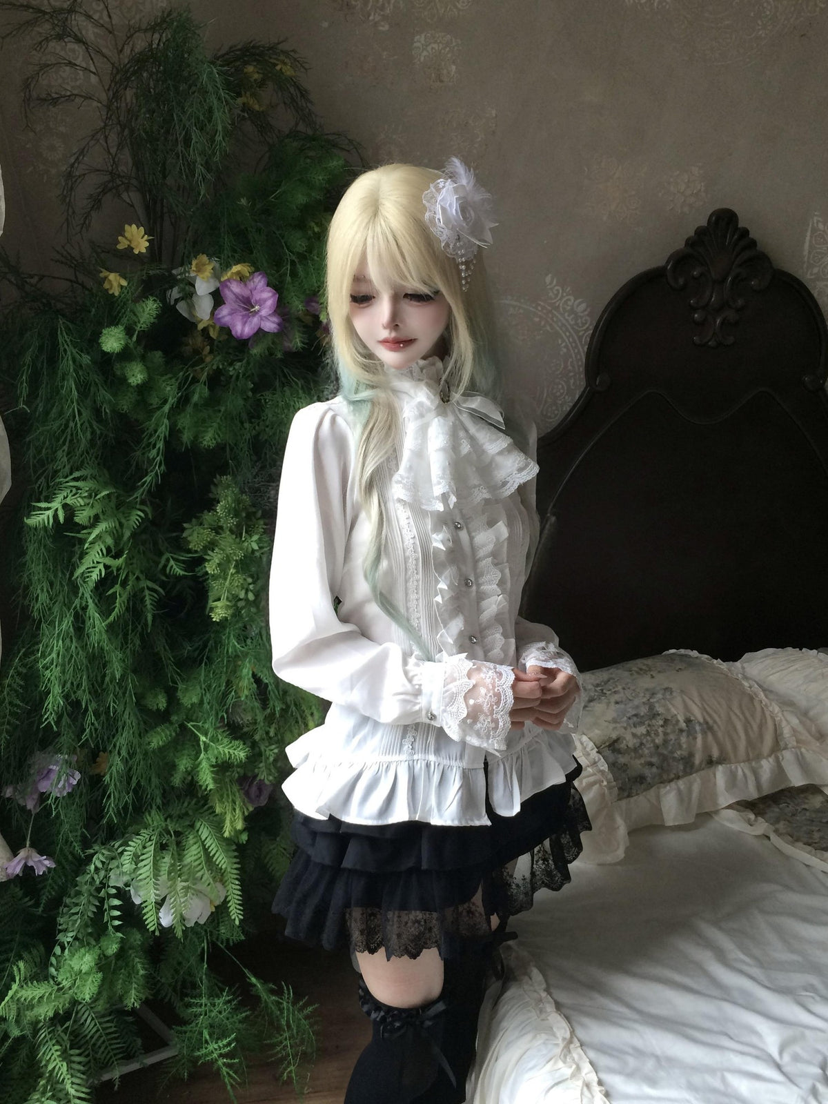 Sub Era Elegant Ruffle Tie Long Sleeve Women's Lace Blouses