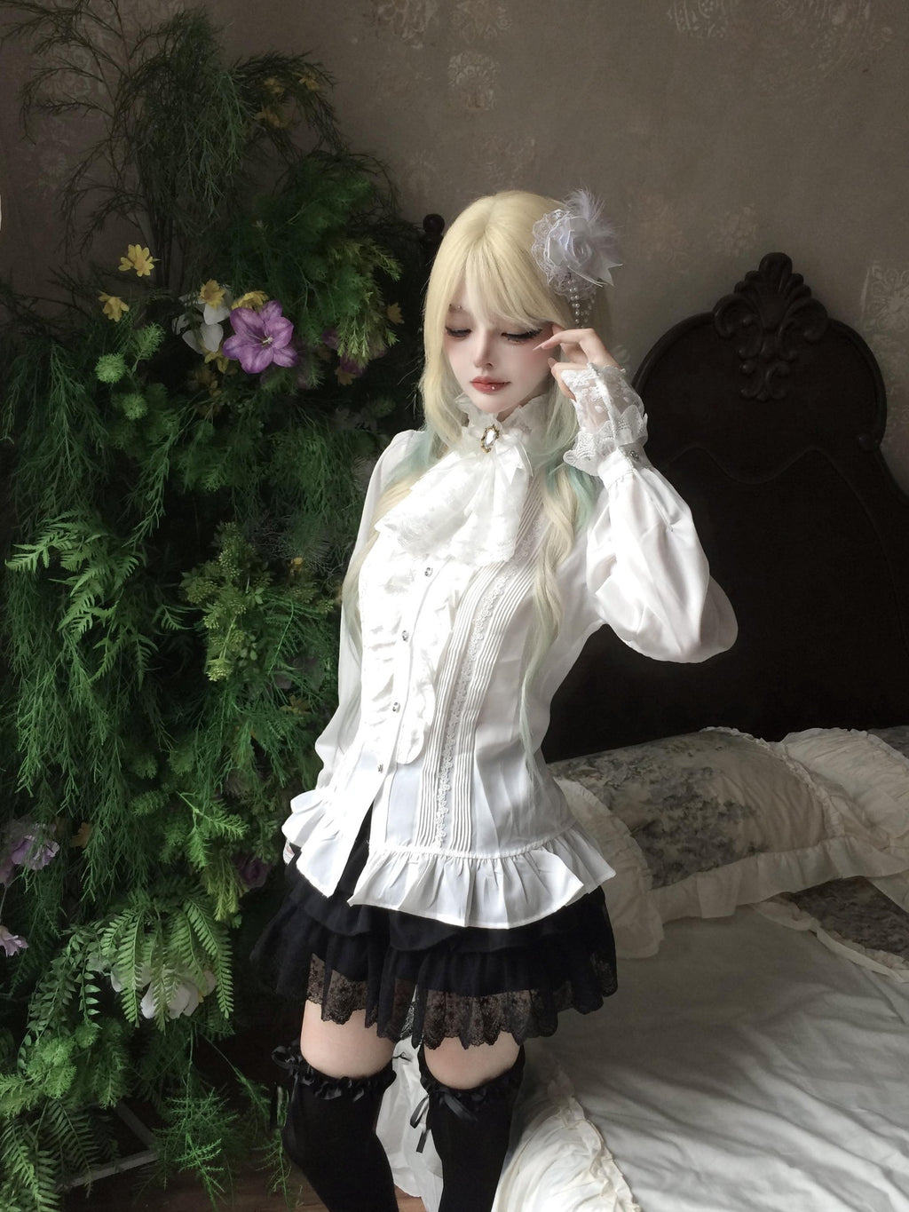 Sub Era Elegant Ruffle Tie Long Sleeve Women's Lace Blouses